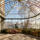 a splash of red — a greenhouse that sits disused on the side of a large castle in France